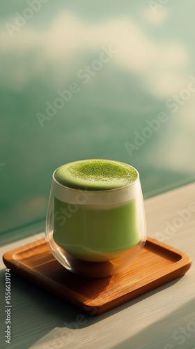cup of green tea with powder match foam bamboo wood tray blue background natural social media post vertical format restaurant branding marketing
