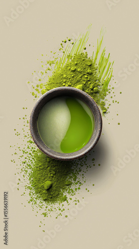 cup of green tea matcha powder on neutral background raku cup natural social media post vertical format restaurant branding marketing