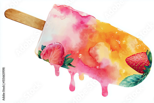 colorful watercolor illustration of ice cream dessert on stick melting isolated on white background pink orange strawberry fruit