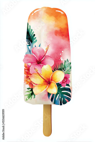 tropical flower ice cream desert with flowers colorful watercolor illustration on stick isolated on white background pink orange
