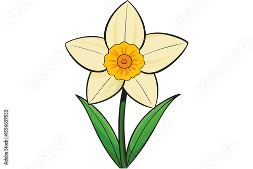 Vibrant yellow daffodil flower, a beautiful spring blossom, isolated on white with delicate green leaves, perfect for floral designs and nature-inspired art