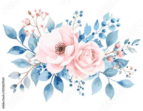Elegant Dusty Blue and Blush Pink Watercolor Rose Floral Bouquet Illustration, watercolor flowers, vector watercolor flowers, Beautiful vintage flower, Watercolor flower collection