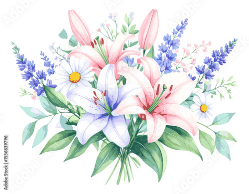 Elegant Watercolor Bouquet of Lilies and Daisies A Spring Floral Illustration, watercolor flowers, vector watercolor flowers, Beautiful vintage flower, Watercolor flower collection