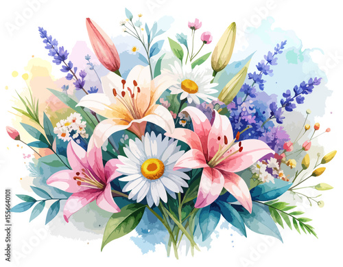 Vibrant Watercolor Floral Bouquet Lilies, Daisies, and Lavender, watercolor flowers, vector watercolor flowers, Beautiful vintage flower, Watercolor flower collection
