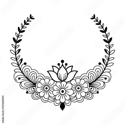 Decorative floral wreath design with lotus and leaves isolated on white background