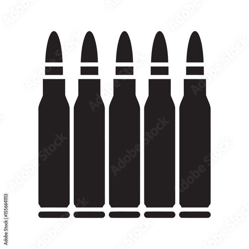 Solid glyph vector icon of rifle ammunition bullets in a row representing military weapon supply and firearm cartridge for army combat warfare