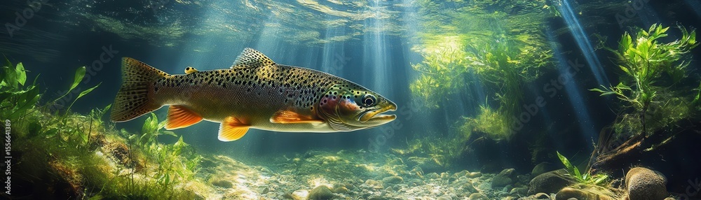 Fototapeta premium Rainbow trout swimming in a clear mountain stream, underwater view, and lush natural surroundings