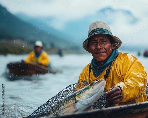 Peruvian fishers using handlines in shallow coastal waters, cultural techniques, and natural warm tones