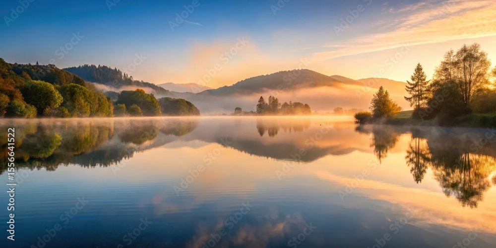 Fototapeta premium Serene lake at dawn with misty atmosphere and surrounding hills, st monica lake, lake, st monica lake, lake