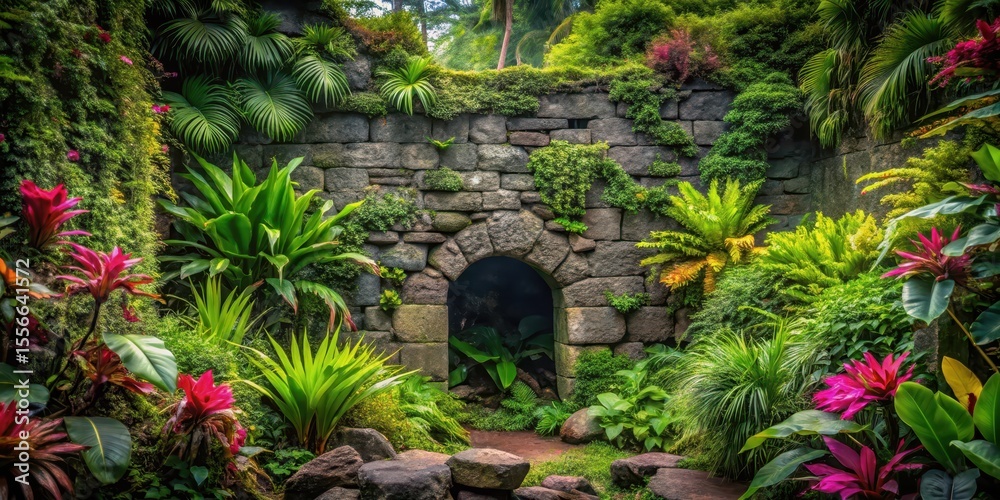 Obraz premium Ancient stone wall with a mysterious hole surrounded by dense tropical foliage and vibrant flowers, dark stone