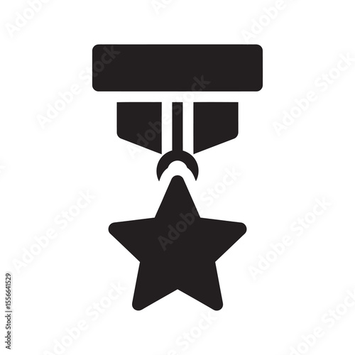 Solid glyph vector icon of a military medal with a star and ribbon representing a soldier award for bravery and army honor or service