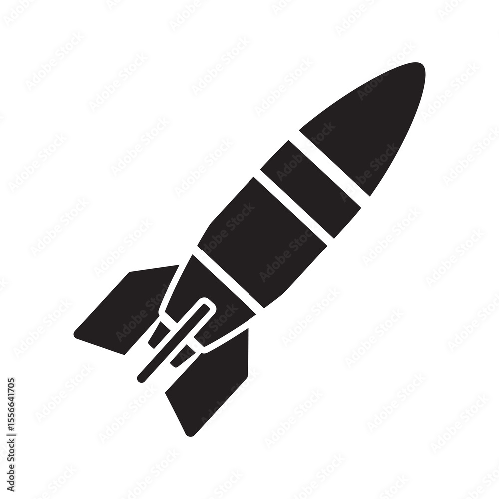 Solid glyph vector icon of a rocket missile for military attack representing a weapon of war and space exploration launch vehicle technology Solid glyph vector icon of a rocket missile for military attack representing a weapon of war and space exploration launch vehicle technology