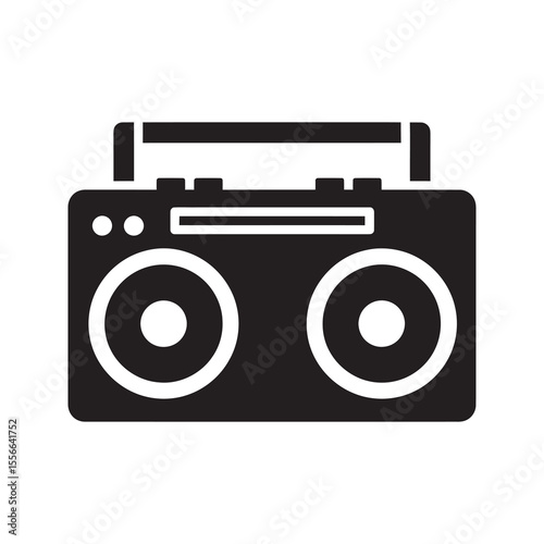 Solid glyph vector icon of a retro boombox ghetto blaster representing 80s portable music and stereo cassette player audio sound system