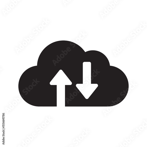 Solid glyph vector icon of a cloud with upload and download arrows representing online data storage and internet network file transfer service