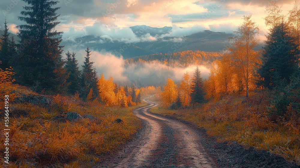 Obraz premium Winding dirt road through autumnal mountain landscape.