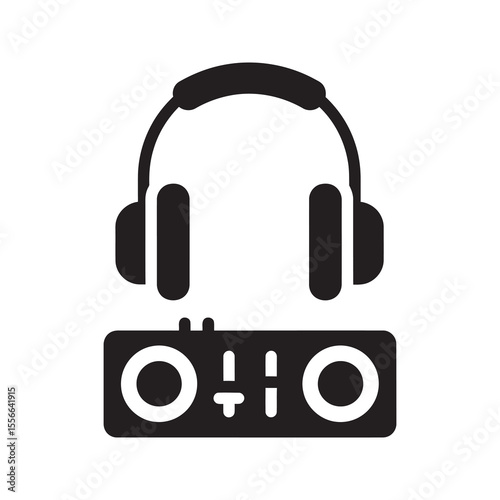 Solid glyph vector icon of a dj mixer deck with headphones representing electronic music production and audio control console for a party