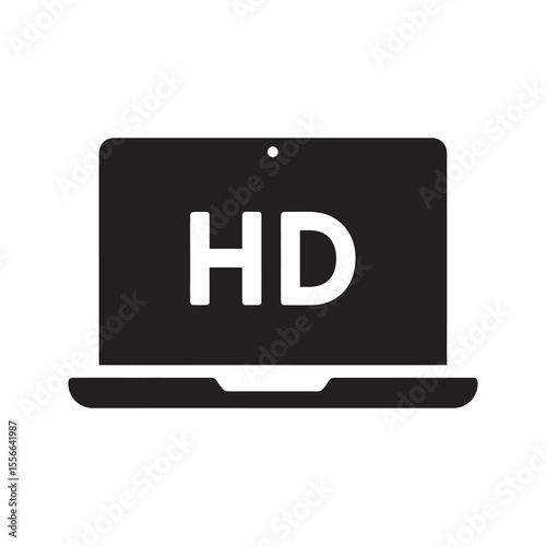 Solid glyph vector icon of a laptop with an HD screen representing a high definition display and modern computer video quality technology
