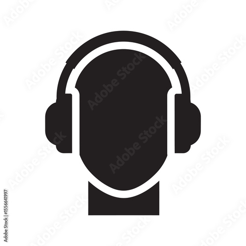 Solid glyph vector icon of a person wearing headphones representing a user listening to music or a customer service agent with a headset