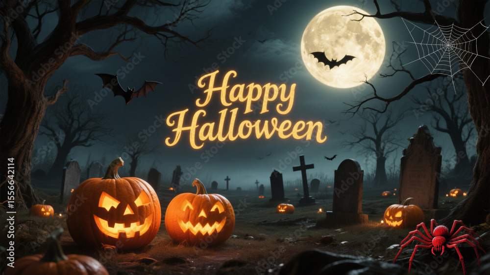 Fototapeta premium A hauntingly Halloween scene set under a full, glowing moon that dominates the sky. Halloween, Halloween Costumes, Halloween Background, Happy Halloween
