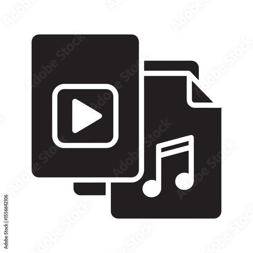 Solid glyph vector icon of a multimedia file set representing video audio and text documents for digital content and data management system