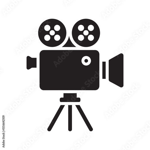 Solid glyph vector icon of a vintage movie camera on a tripod for film production representing cinema industry equipment and hollywood director