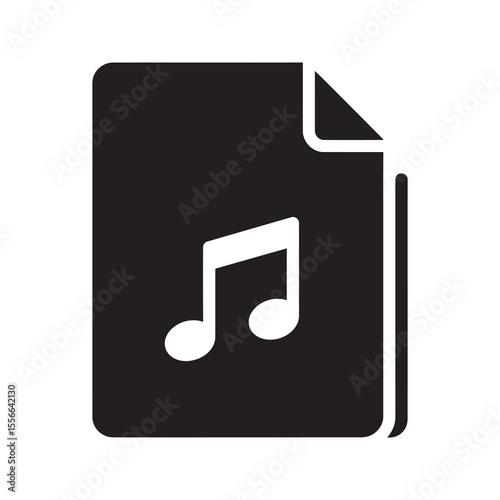 Solid glyph vector icon of a music file document with a musical note representing a digital audio track or song format for a media player