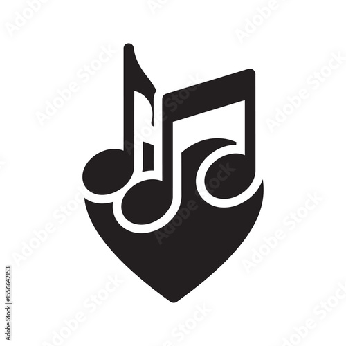 Solid glyph vector icon of a heart with musical notes representing love for music and passion for song sound melody and audio rhythm