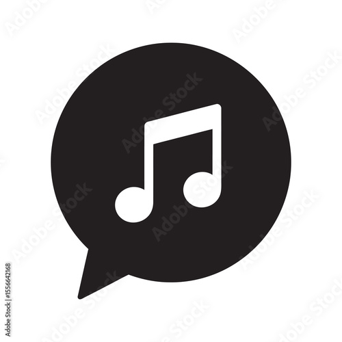 Solid glyph vector icon of a musical note in a speech bubble representing a chat about music or sharing an audio message on social media