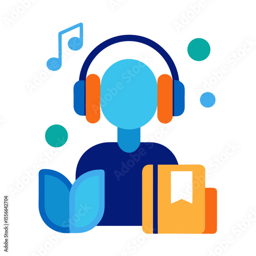 Listening to books by headphones colorful vector icon on white background.