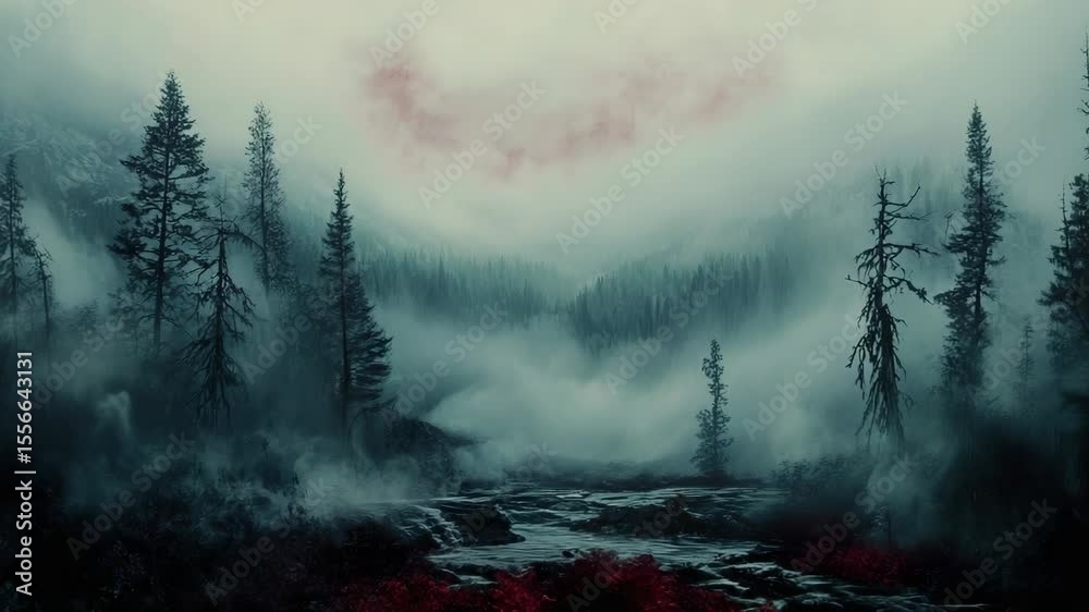 A foggy forest with red flowers in the fore