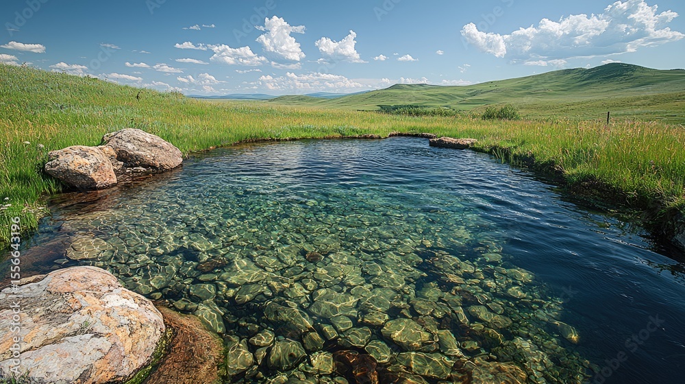 Fototapeta premium Crystal-clear spring-fed pool in a grassy landscape.