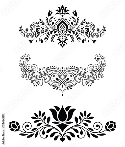 Three ornate black floral henna designs isolated on white background