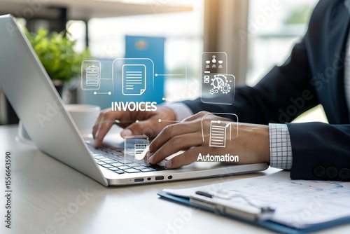 E-invoice and online digital statements concept. Businessman working with digital invoice management system on computer laptop.