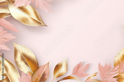 gold brown leaves pink background with copy space