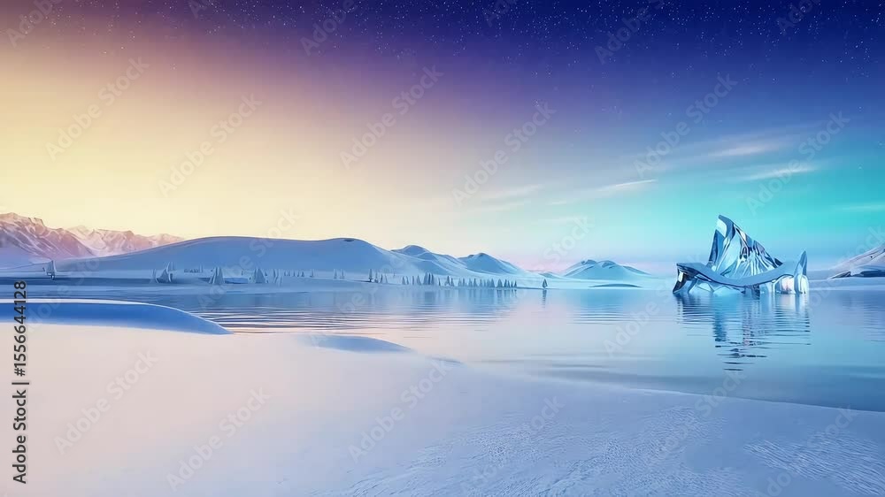 Icy landscape featuring a lake, mountains, and a prominent iceberg formation Icy landscape featuring a lake, mountains, and a prominent iceberg formation