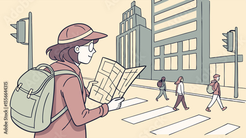 Woman traveler with backpack checking a paper map at a city crosswalk, navigating urban streets. City exploration concept.