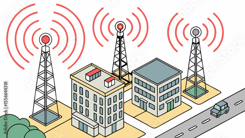 Urban Wireless Network Concept with Communication Towers, Buildings, and Car for Digital Connectivity
