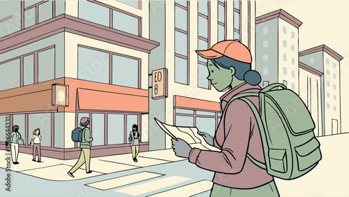 Urban traveler navigating city streets with a map and backpack, exploring a new city environment