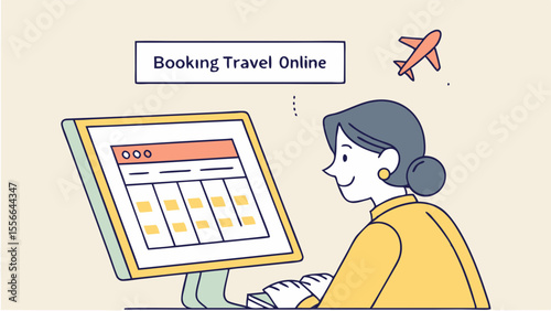 Woman booking travel online on desktop computer. Digital trip planning, vacation reservation, and online travel agency concept illustration.