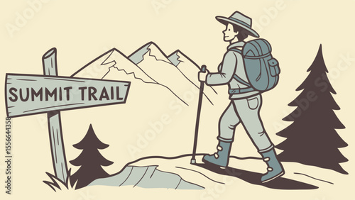 Adventurous Hiker on Summit Trail with Mountain Landscape Illustration