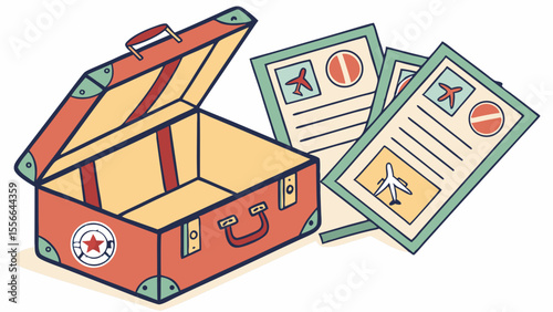 Open vintage suitcase with travel documents and flight tickets. Vacation planning and adventure concept illustration.