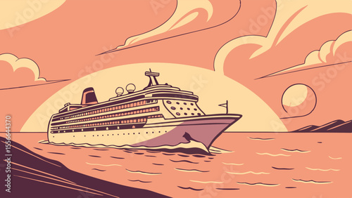 Cruise ship sailing into a warm sunset on the ocean, travel and vacation illustration with vibrant orange sky and water