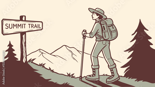 Hiker on Summit Trail Illustration with Mountain Landscape and Pine Trees
