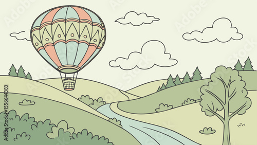 Whimsical Hot Air Balloon Flying Over Green Hills and River Landscape Illustration