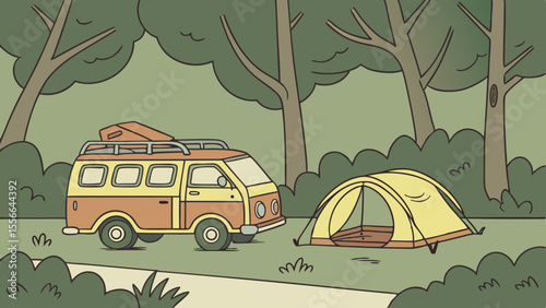 Retro camper van and yellow tent set up in a serene forest campsite. Outdoor adventure and nature travel illustration.