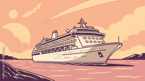 Elegant cruise ship sailing on calm waters during sunset or sunrise, luxury travel and vacation illustration