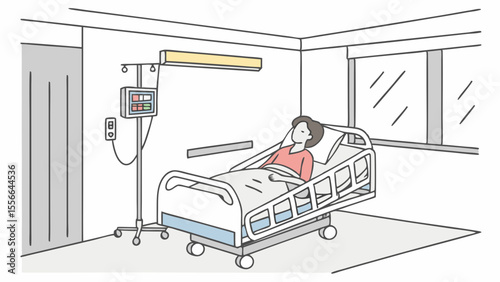 Illustration of a patient resting in a hospital bed with medical devices, symbolizing healthcare, recovery, and wellness.