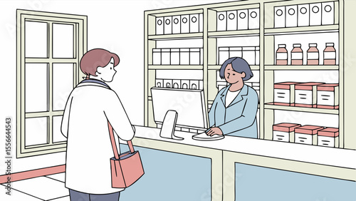Customer at pharmacy counter interacting with pharmacist. Healthcare service, medication pickup, medical consultation illustration.