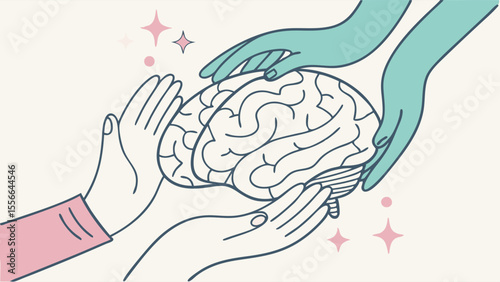 Human brain cared for by gentle hands, symbolizing mental health support and protection