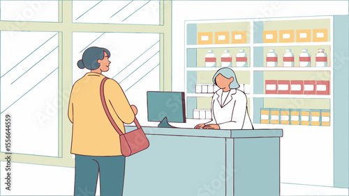 Pharmacist assisting customer at pharmacy counter. Healthcare service in a modern drug store setting illustration.